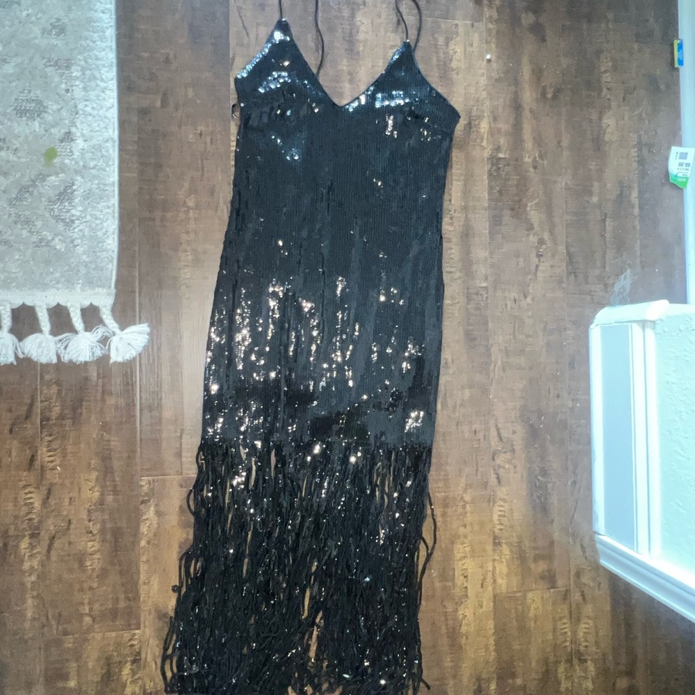 Black Sequin Fringe Dress